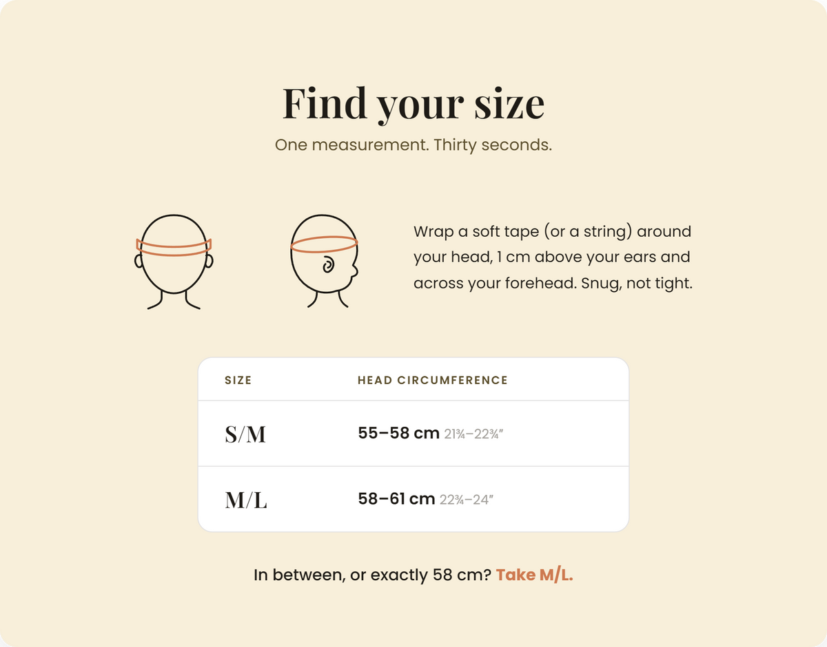 Nicawana surf hat size chart: S/M fits 55-58 cm head circumference, M/L fits 58-61 cm. If you measure exactly 58 cm, choose M/L.