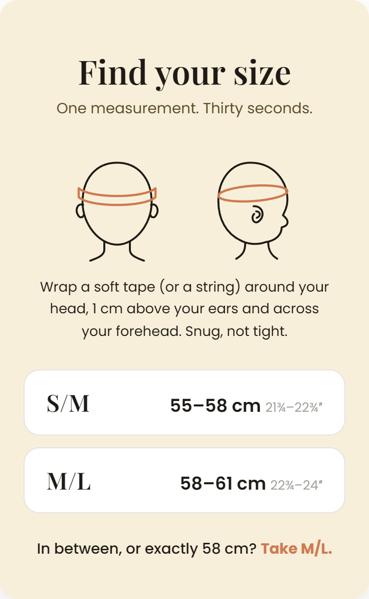 Nicawana surf hat size chart: S/M fits 55-58 cm head circumference, M/L fits 58-61 cm. If you measure exactly 58 cm, choose M/L.